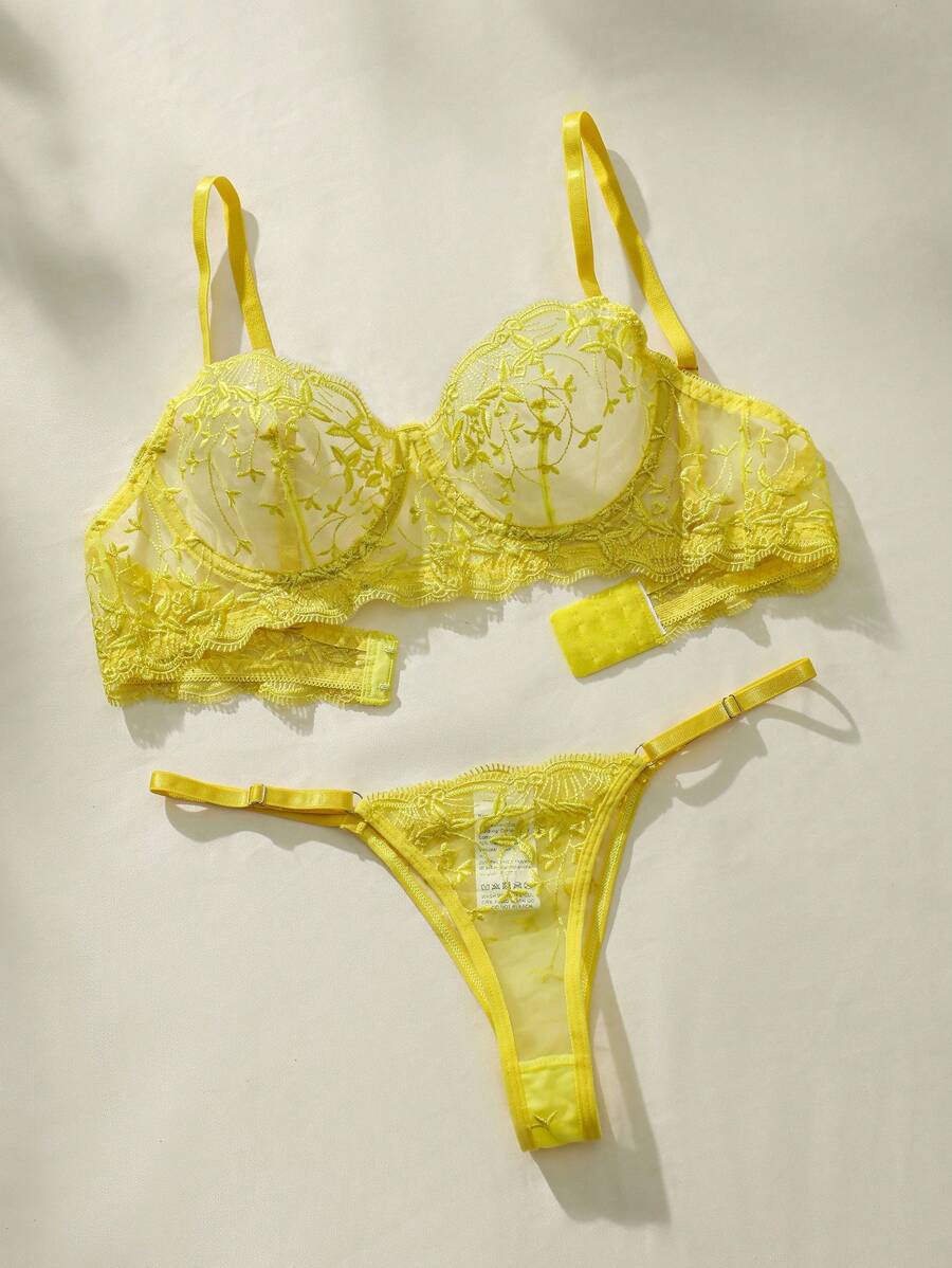 Embroidered Mesh Underwire Lingerie Set Yellow