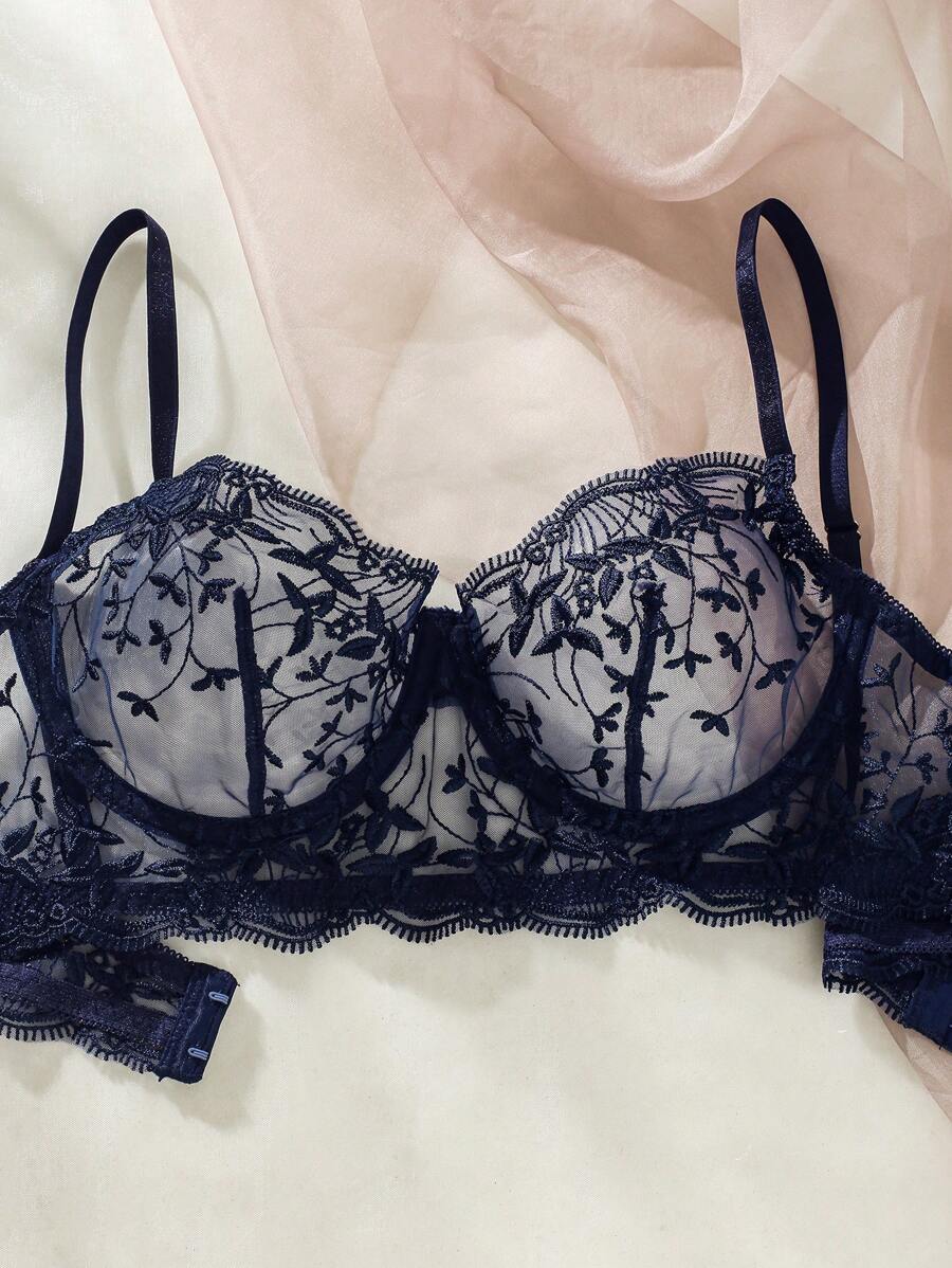 Embroidered Mesh Underwire Lingerie Set