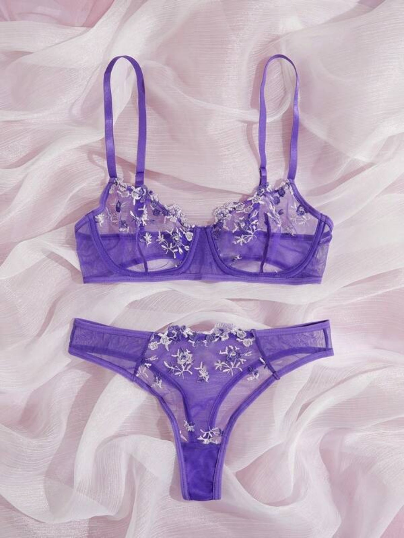 Embroidery Mesh Lingerie Set Purple