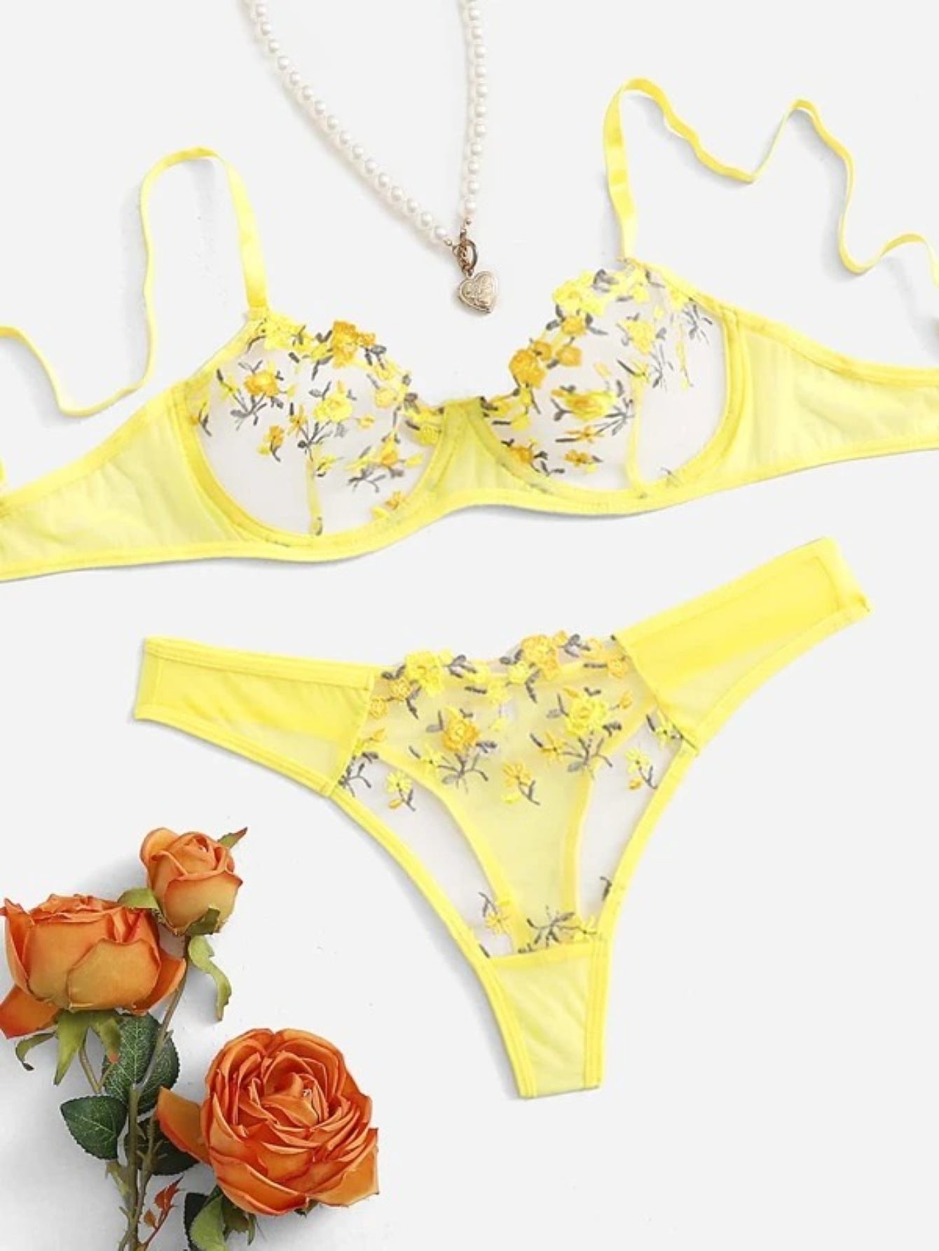 Embroidery Mesh Lingerie Set Yellow