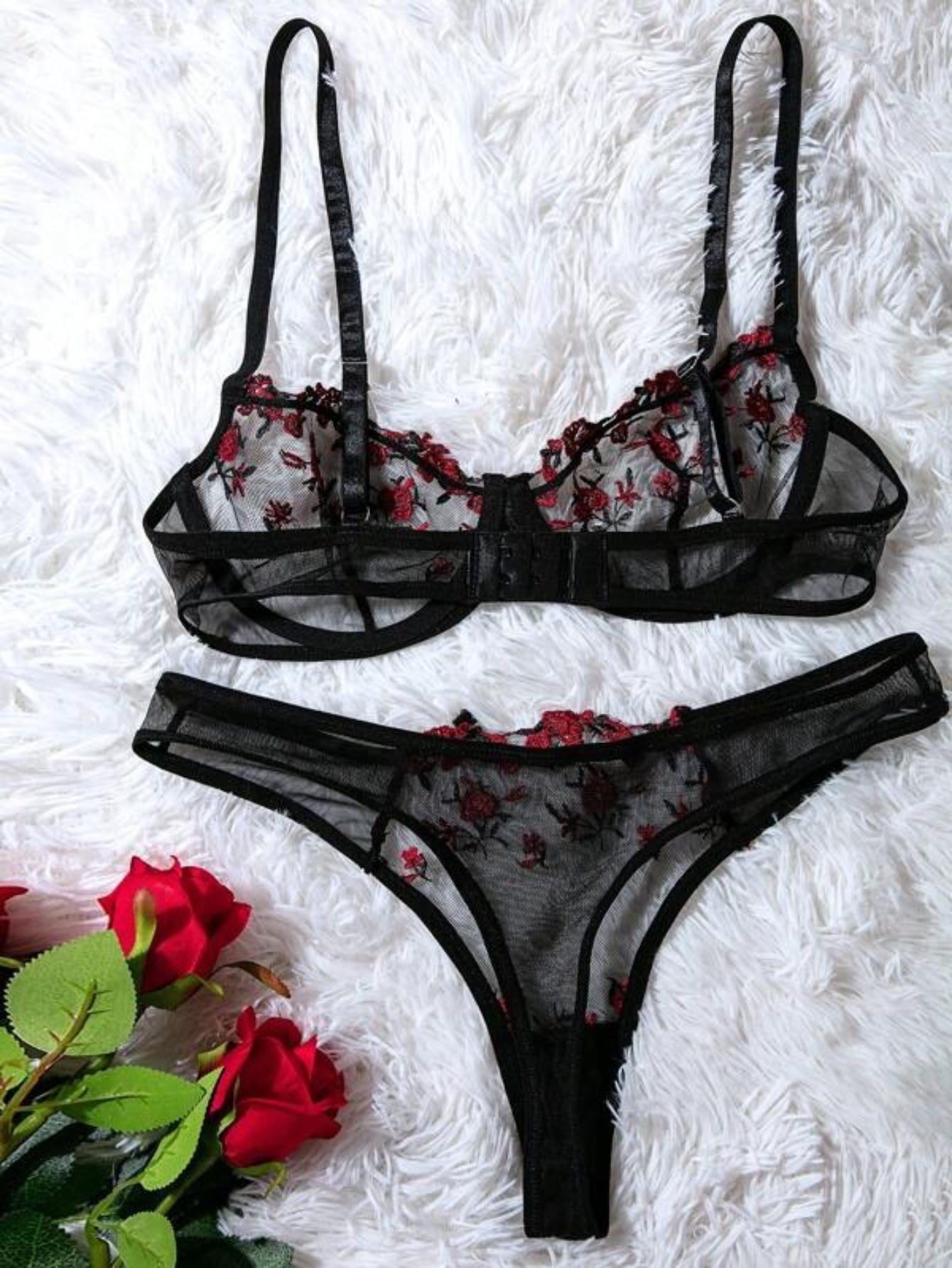 Embroidery Mesh Lingerie Set