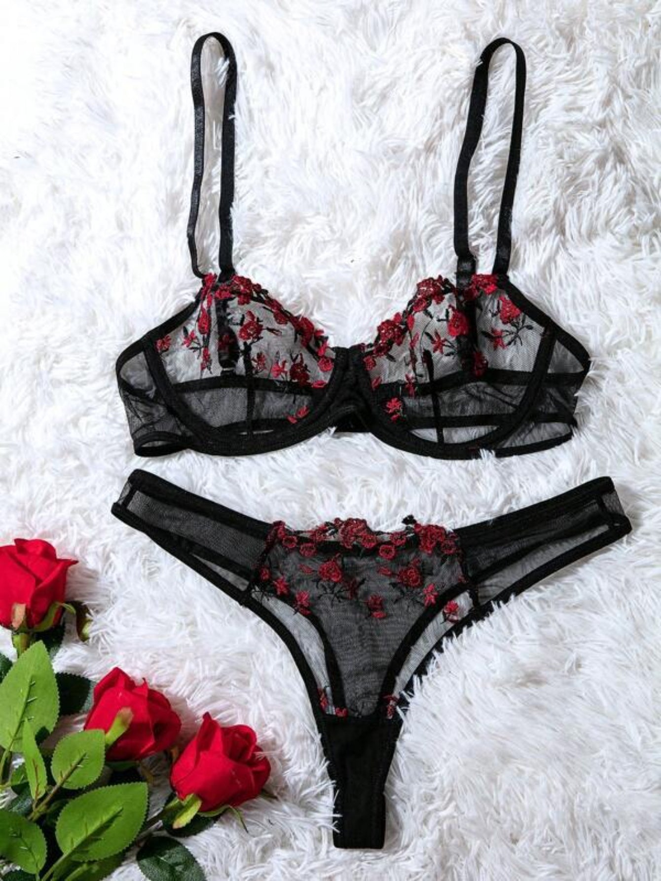 Embroidery Mesh Lingerie Set