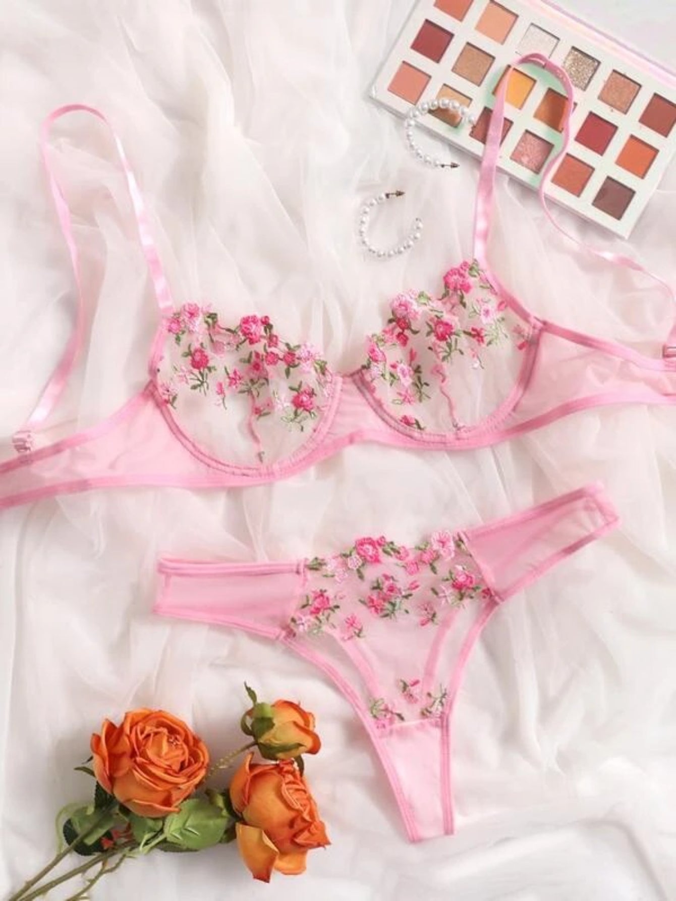 Embroidery Mesh Lingerie Set Pink