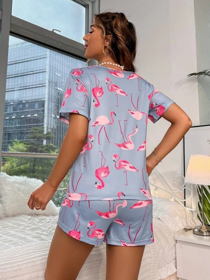 Flamingo Print Shorts Set With Mask