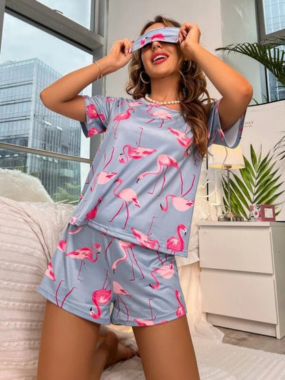 Flamingo Print Shorts Set With Mask