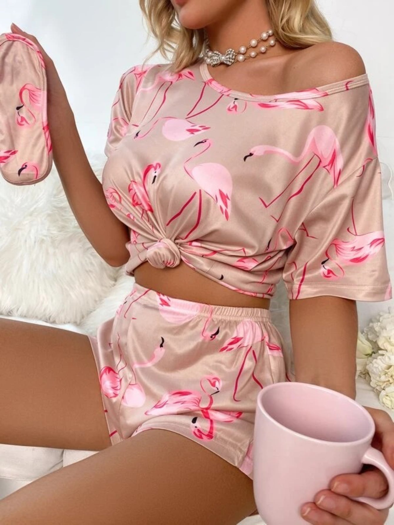 Flamingo Print Shorts Set With Mask Pink