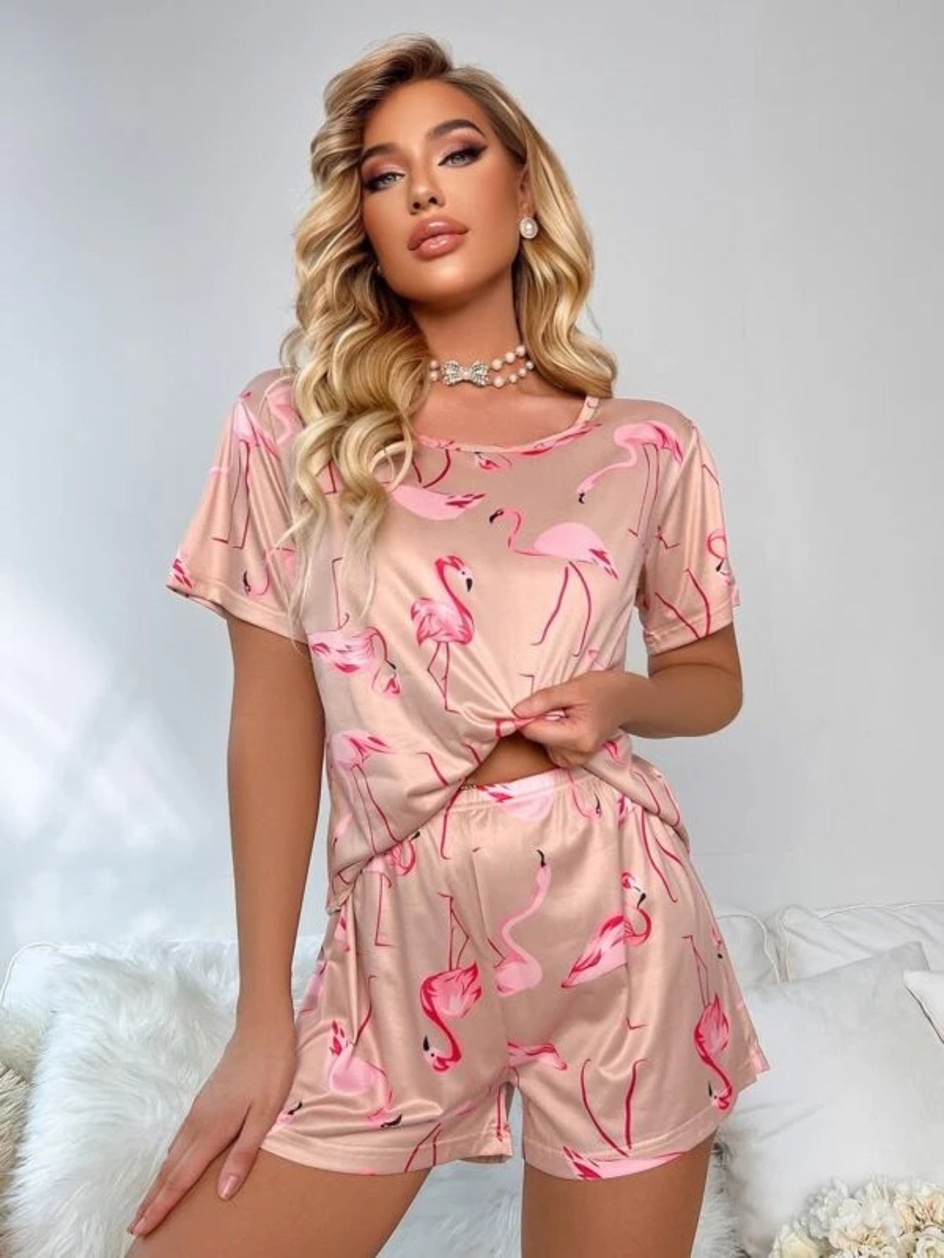 Flamingo Print Shorts Set With Mask