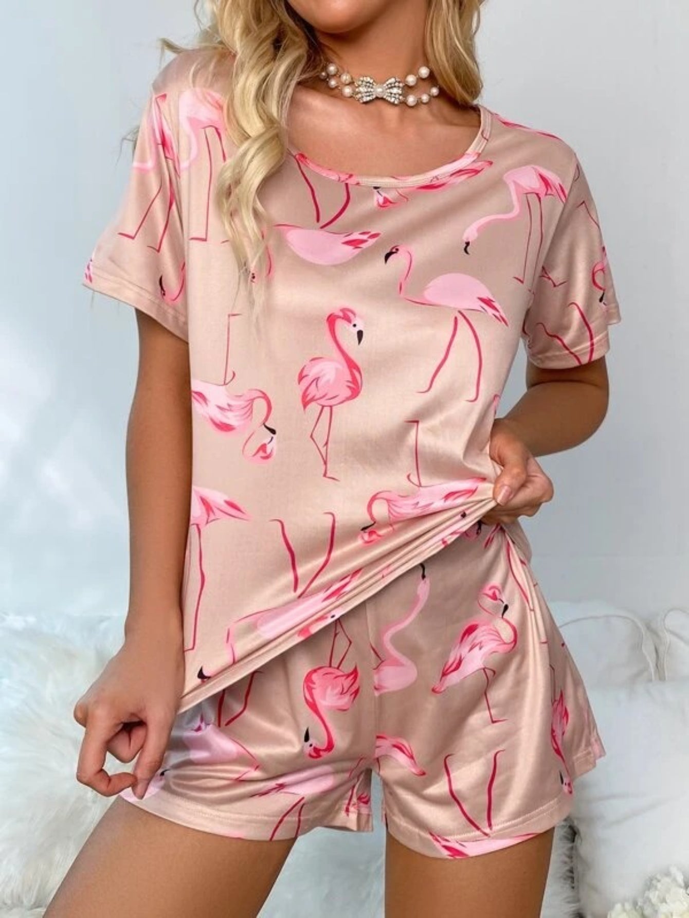 Flamingo Print Shorts Set With Mask