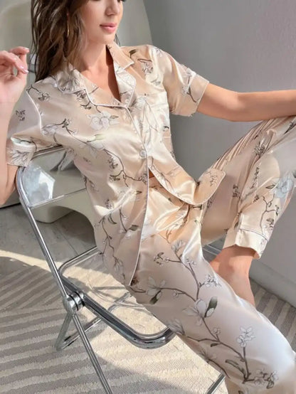 Floral Contrast Piping Satin Blouse And Pants Pajama Set