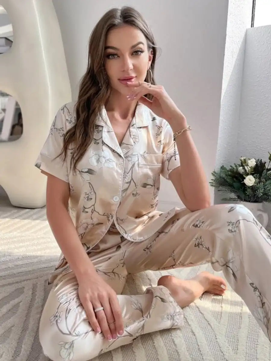 Floral Contrast Piping Satin Blouse And Pants Pajama Set