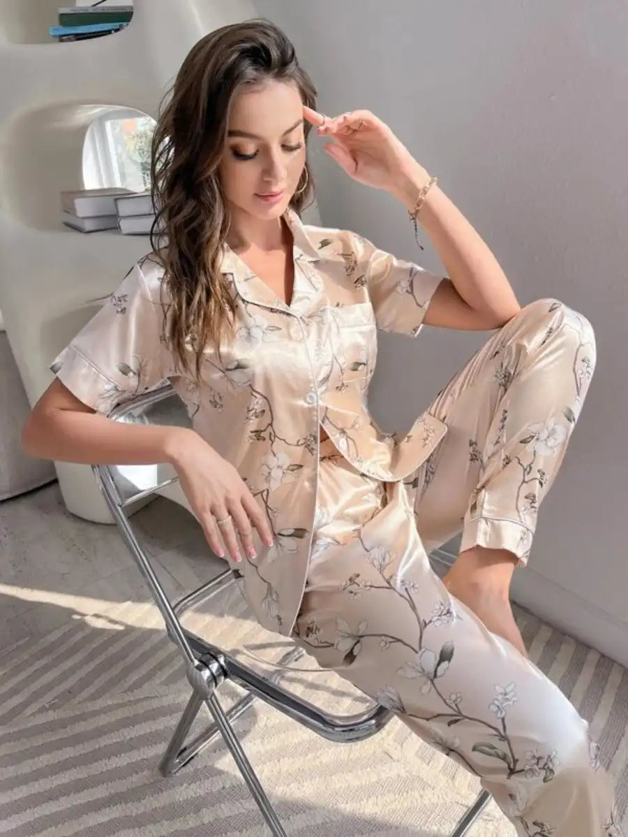 Floral Contrast Piping Satin Blouse And Pants Pajama Set