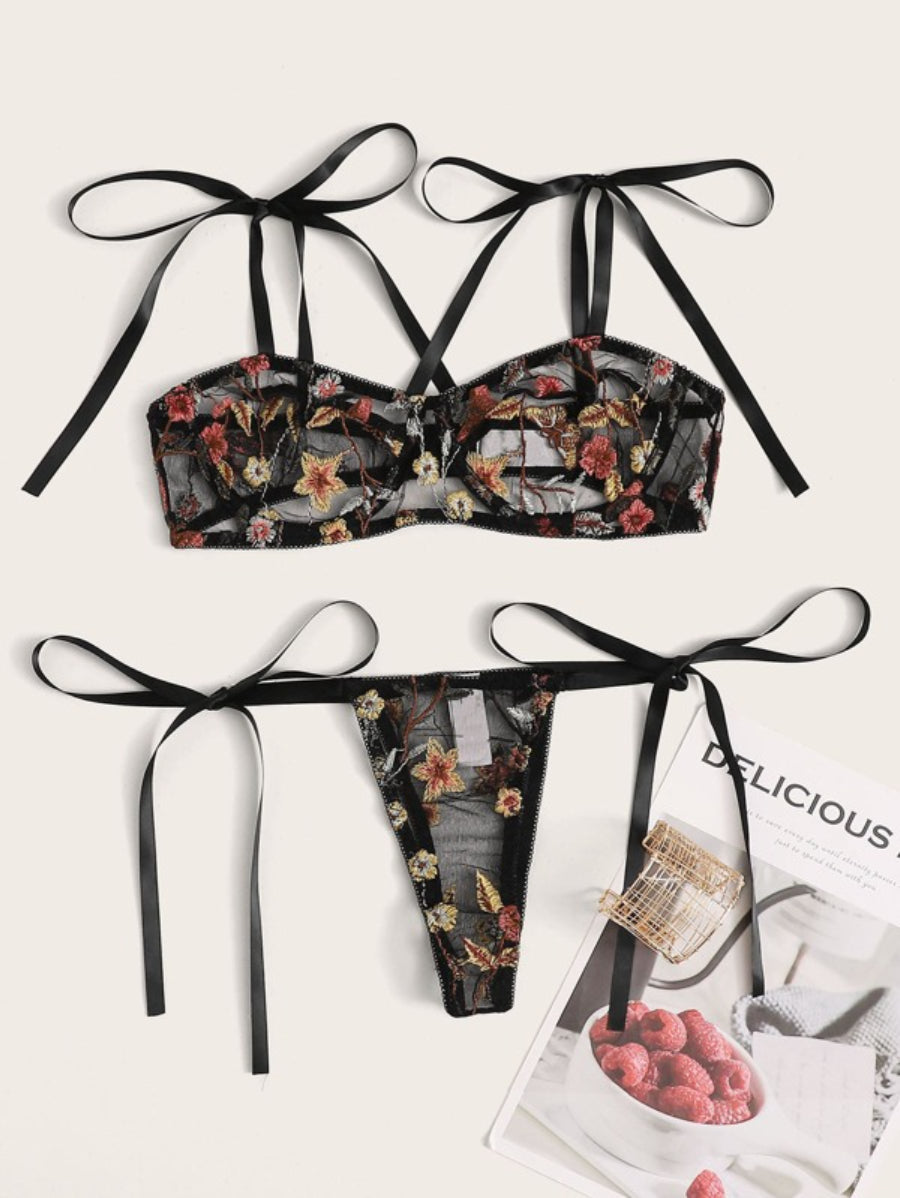 Floral Embroidery Bra And Side Tie Thong