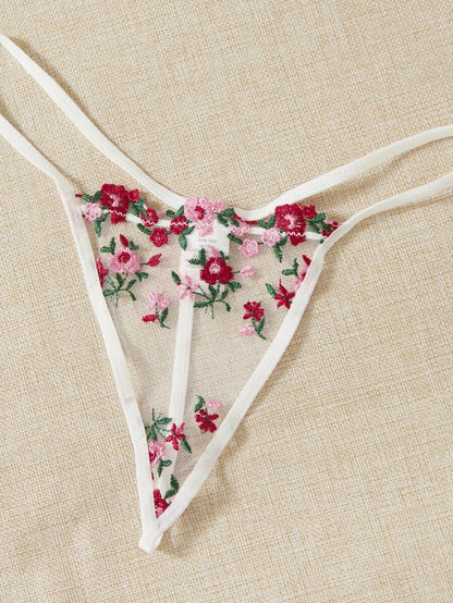 Floral Embroidery Mesh Slips With Thong