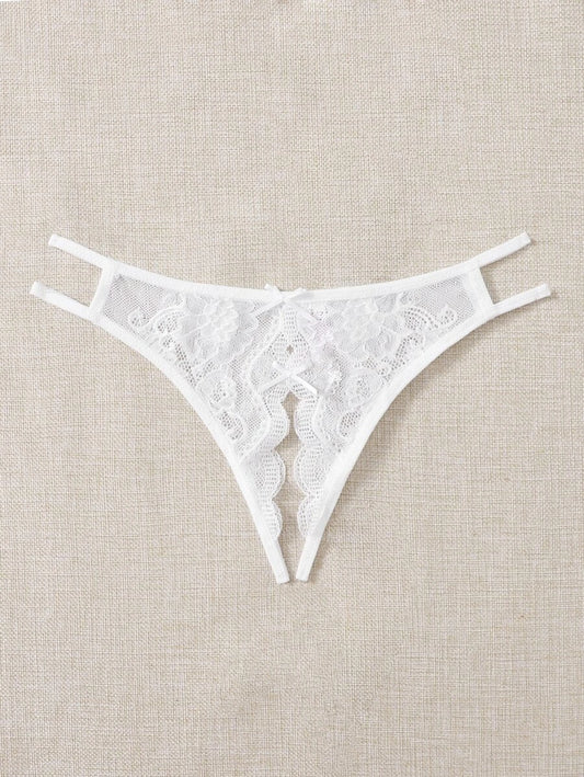 Floral Lace Bow Crotchless Panty White