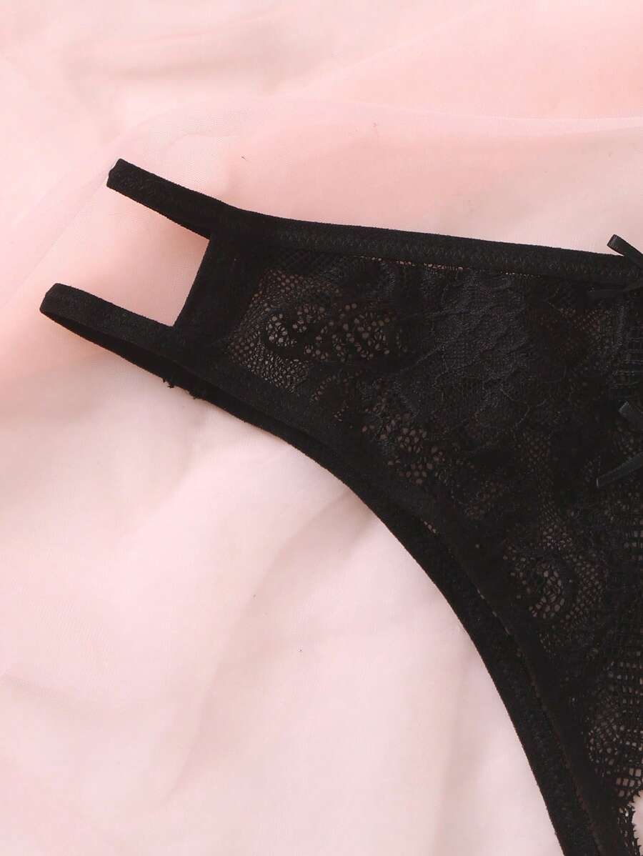 Floral Lace Bow Crotchless Panty