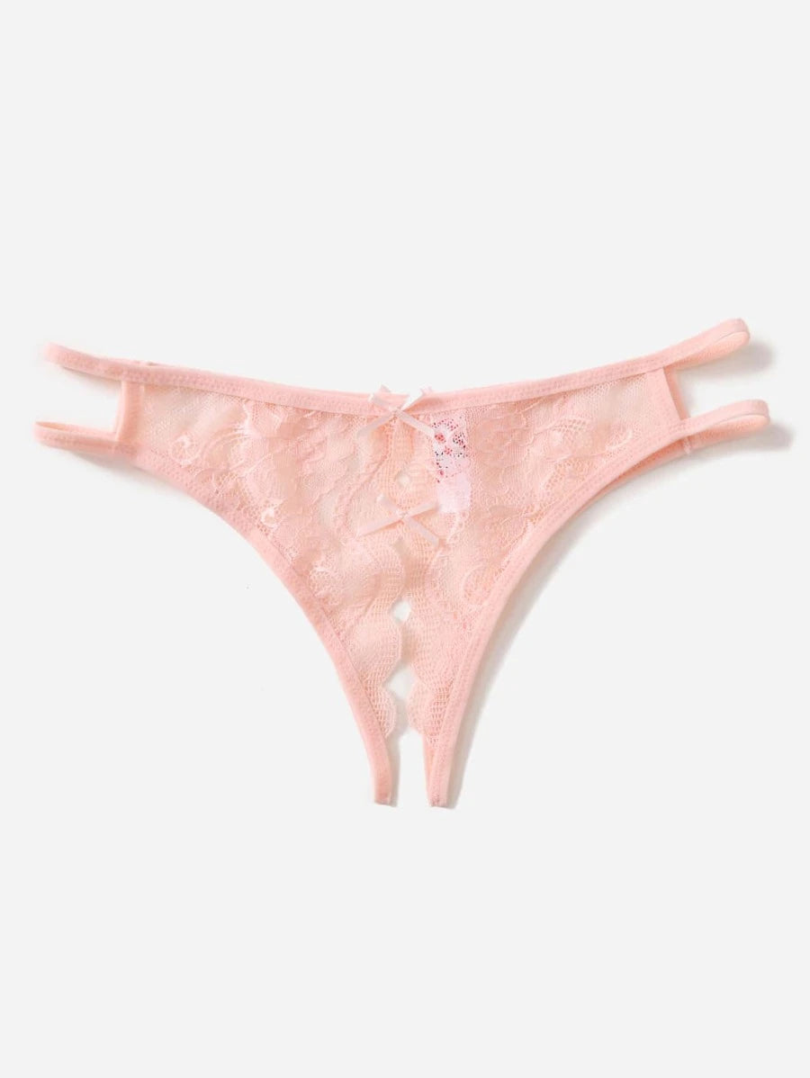 Floral Lace Bow Crotchless Panty Pink