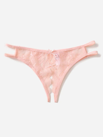 Floral Lace Bow Crotchless Panty Pink