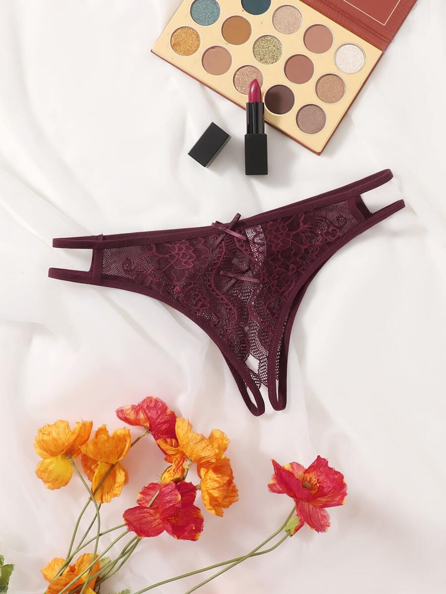 Floral Lace Bow Crotchless Panty Purple