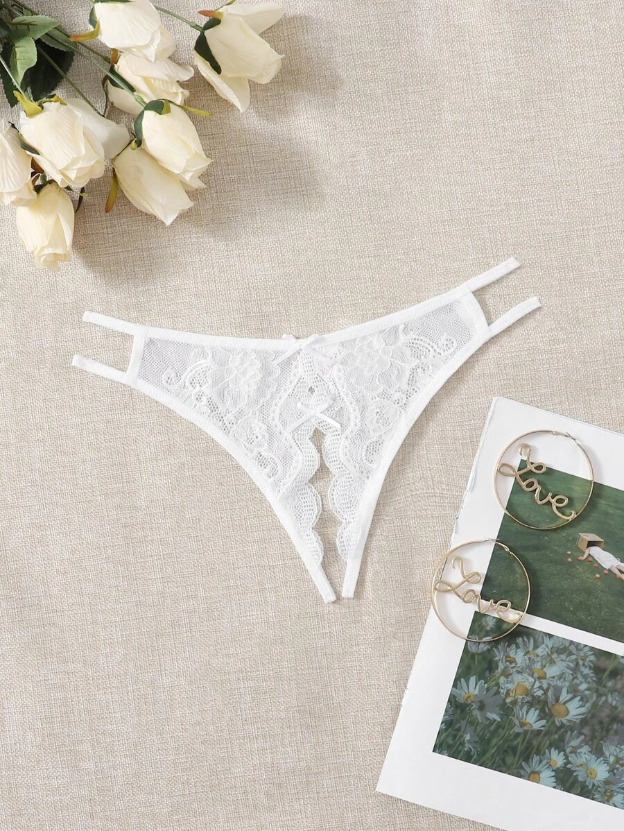 Floral Lace Bow Crotchless Panty