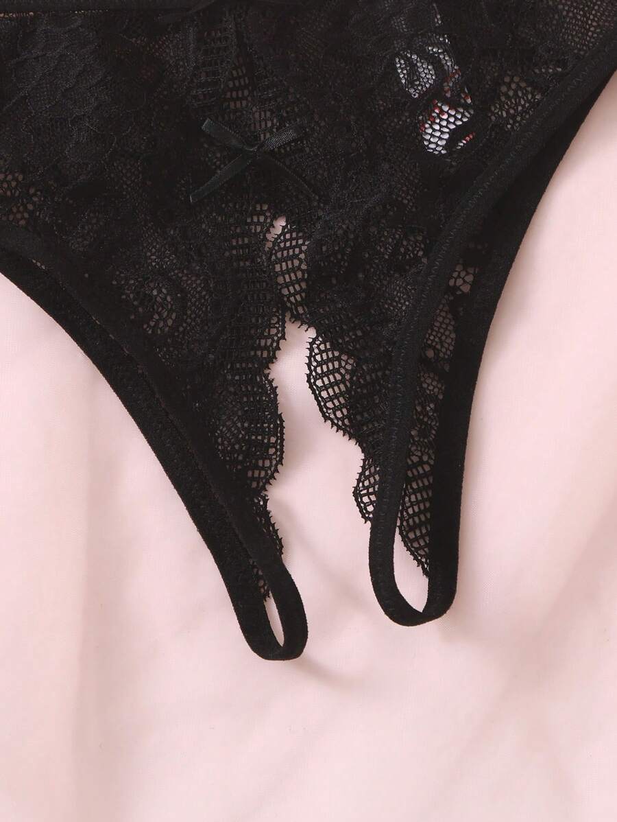 Floral Lace Bow Crotchless Panty