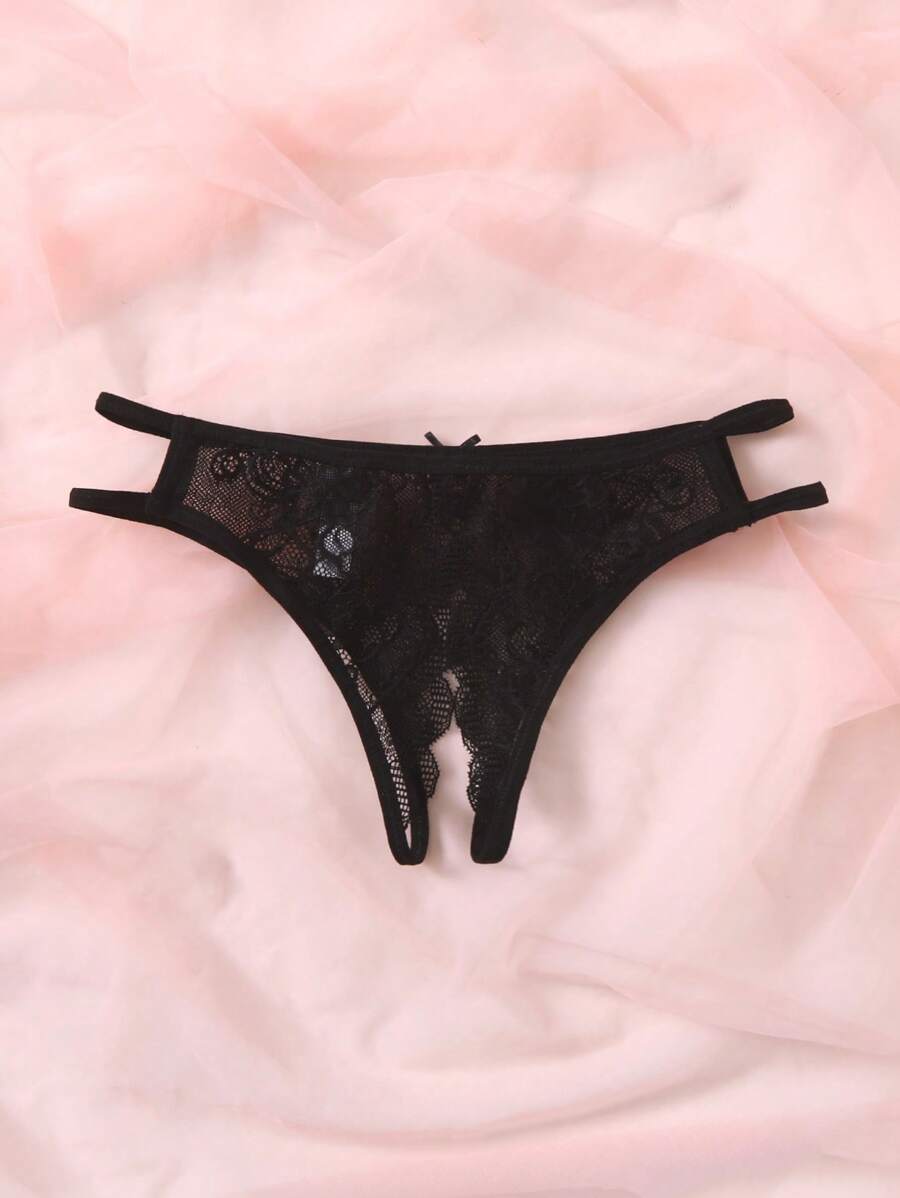 Floral Lace Bow Crotchless Panty Black