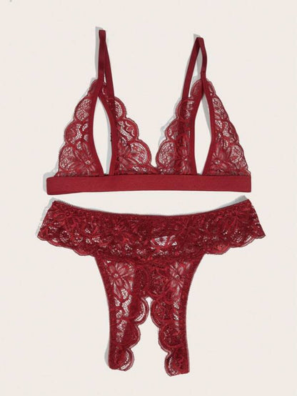 Floral Lace Scallop Lingerie Set Maroon