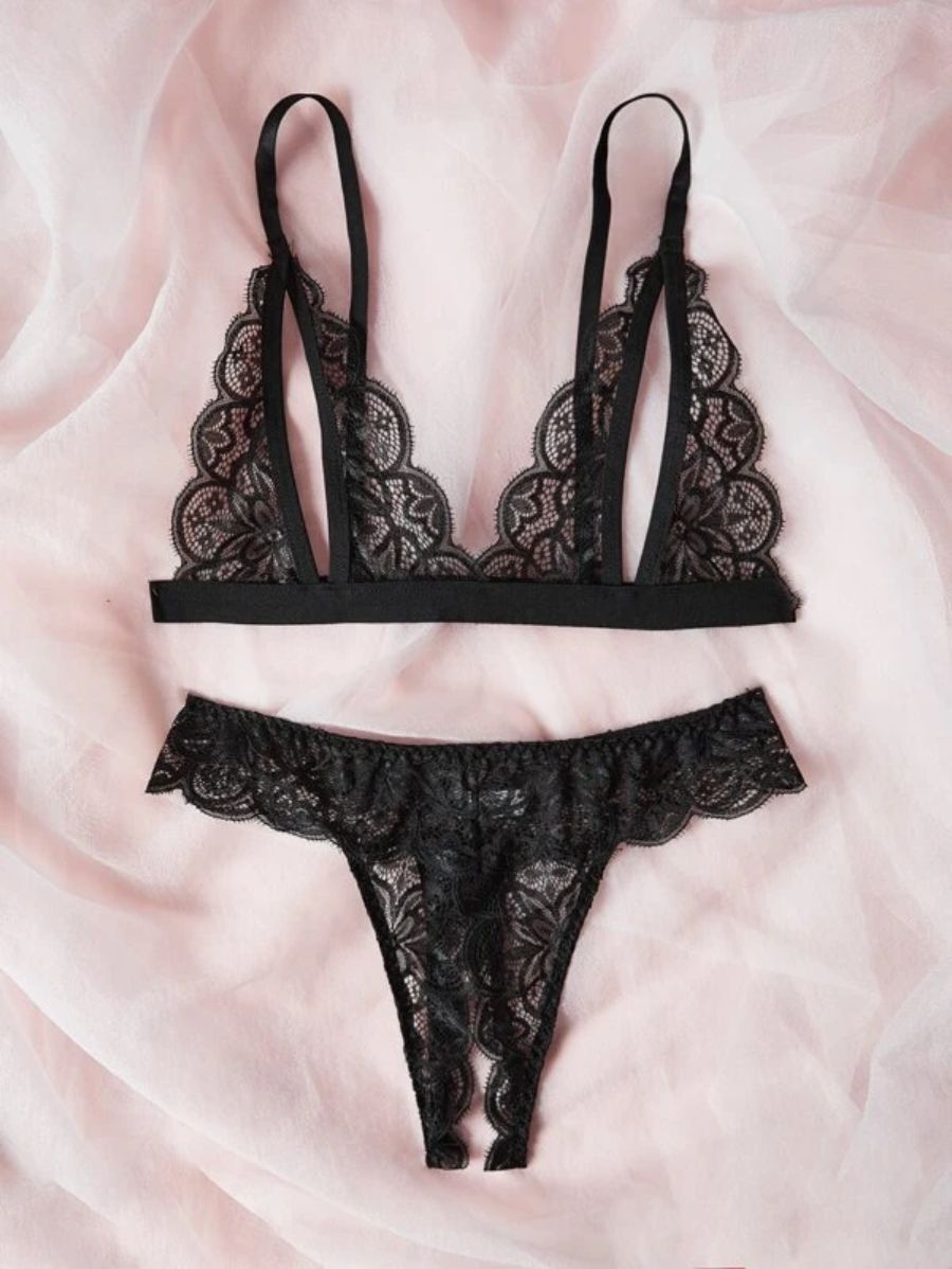 Floral Lace Scallop Lingerie Set Black