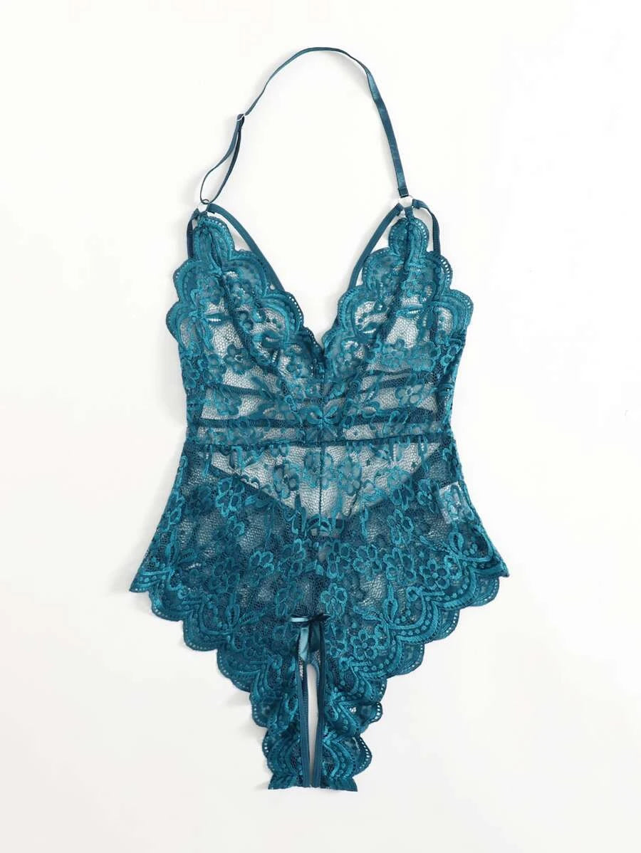 Floral Lace Scalloped Crotchless Teddy Bodysuit Dark Green