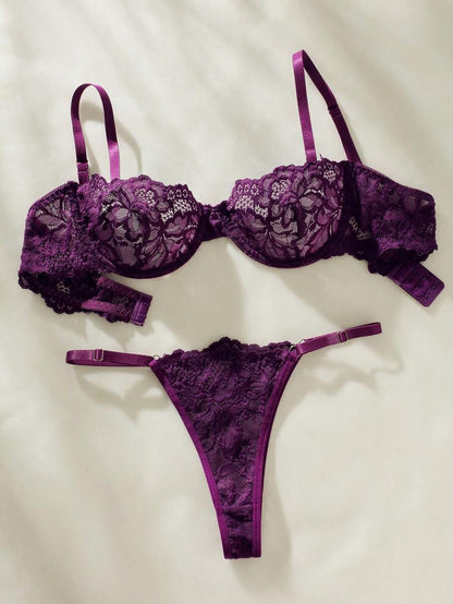 Floral Lace Underwire Thongs Lingerie Set