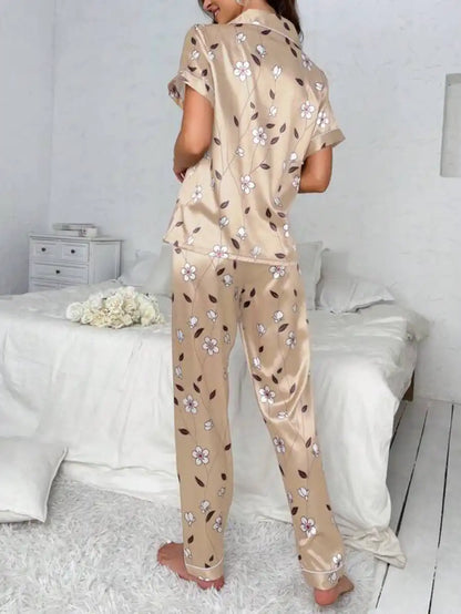 Floral Print Contrast Piping Satin Pajama Set