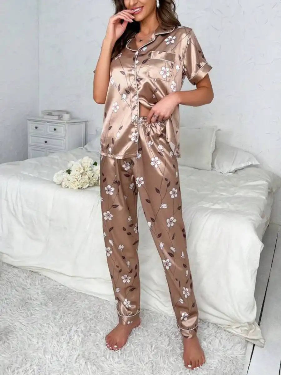 Floral Print Contrast Piping Satin Pajama Set