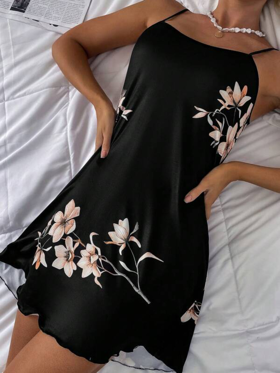 Floral Print Lettuce Trim Slip Nightdress