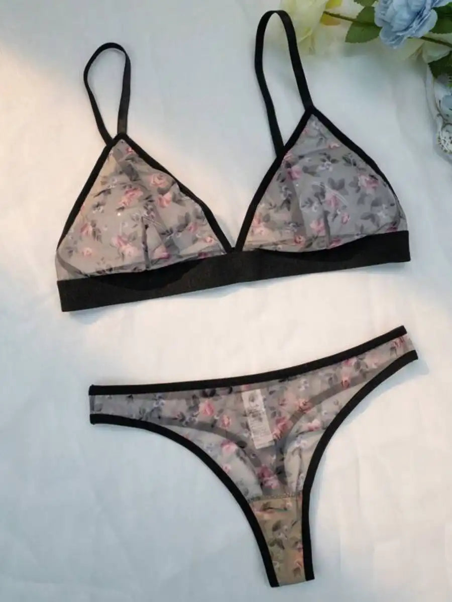 Printed Floral Mesh Lingerie Set L