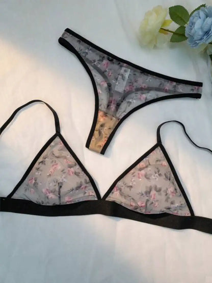 Printed Floral Mesh Lingerie Set