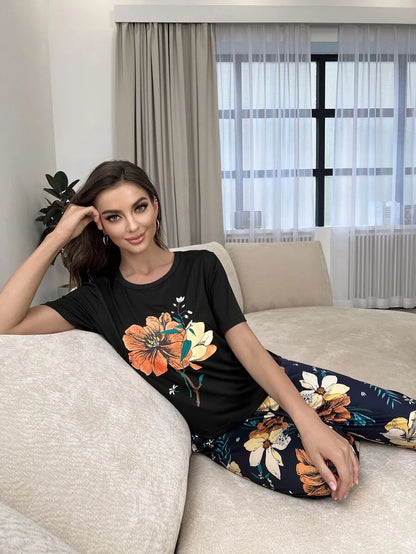 Floral Print Tee And Pants Set