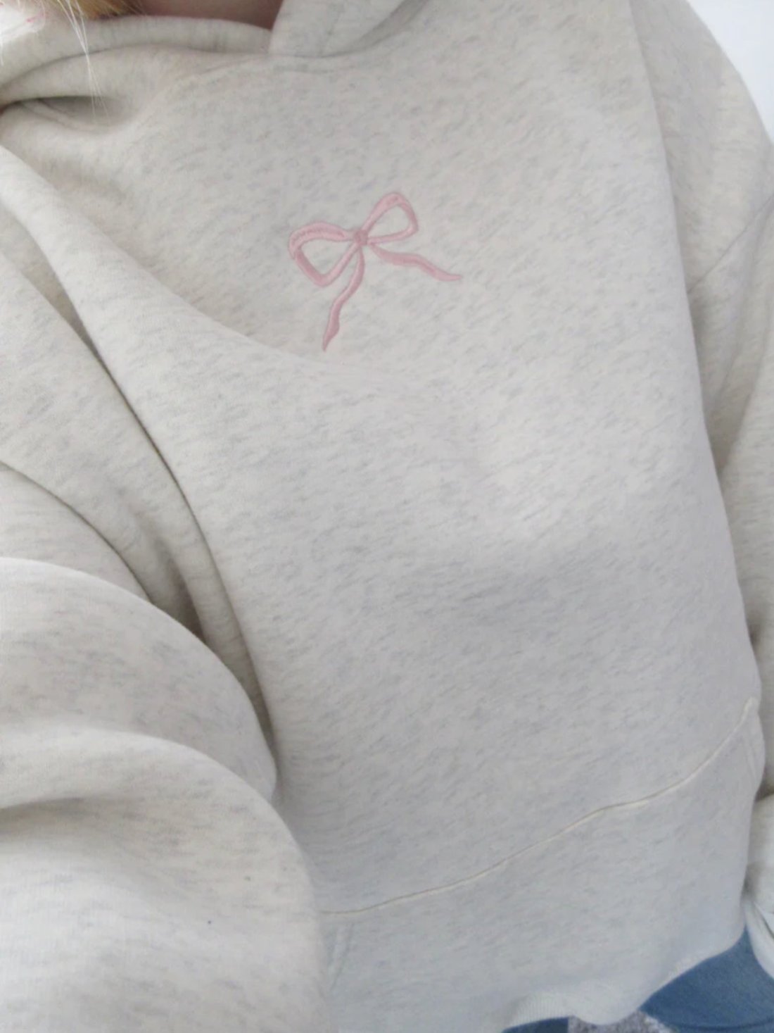 Embroidered Bow Printed Hoodie Grey