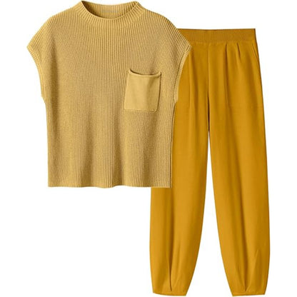 Knit Pullover Crop Top And Pants Set Yellow