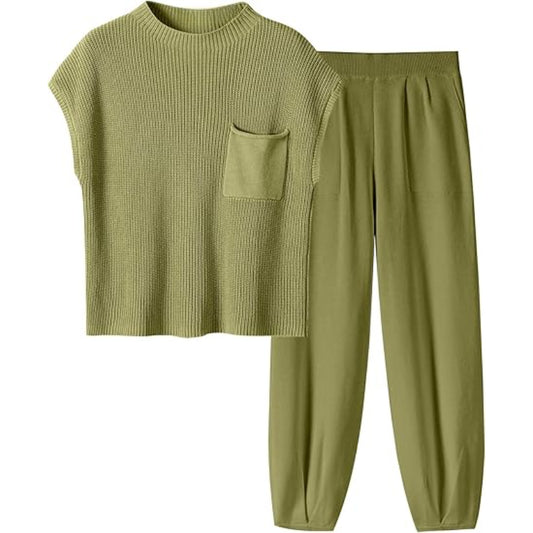 Knit Pullover Crop Top And Pants Set Green