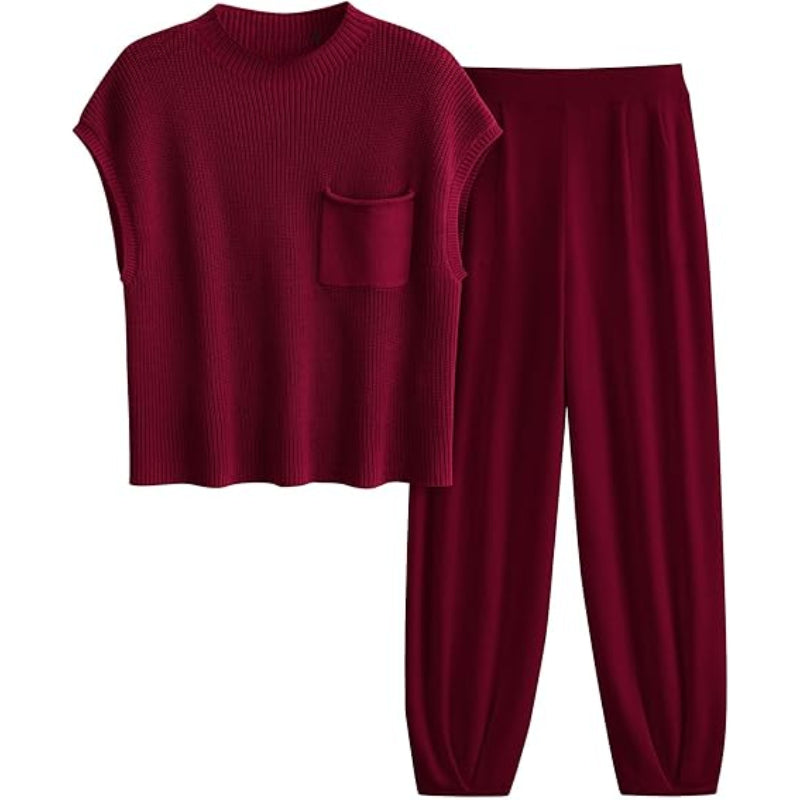 Knitted Tops And Pants Sweatsuit Set Maroon