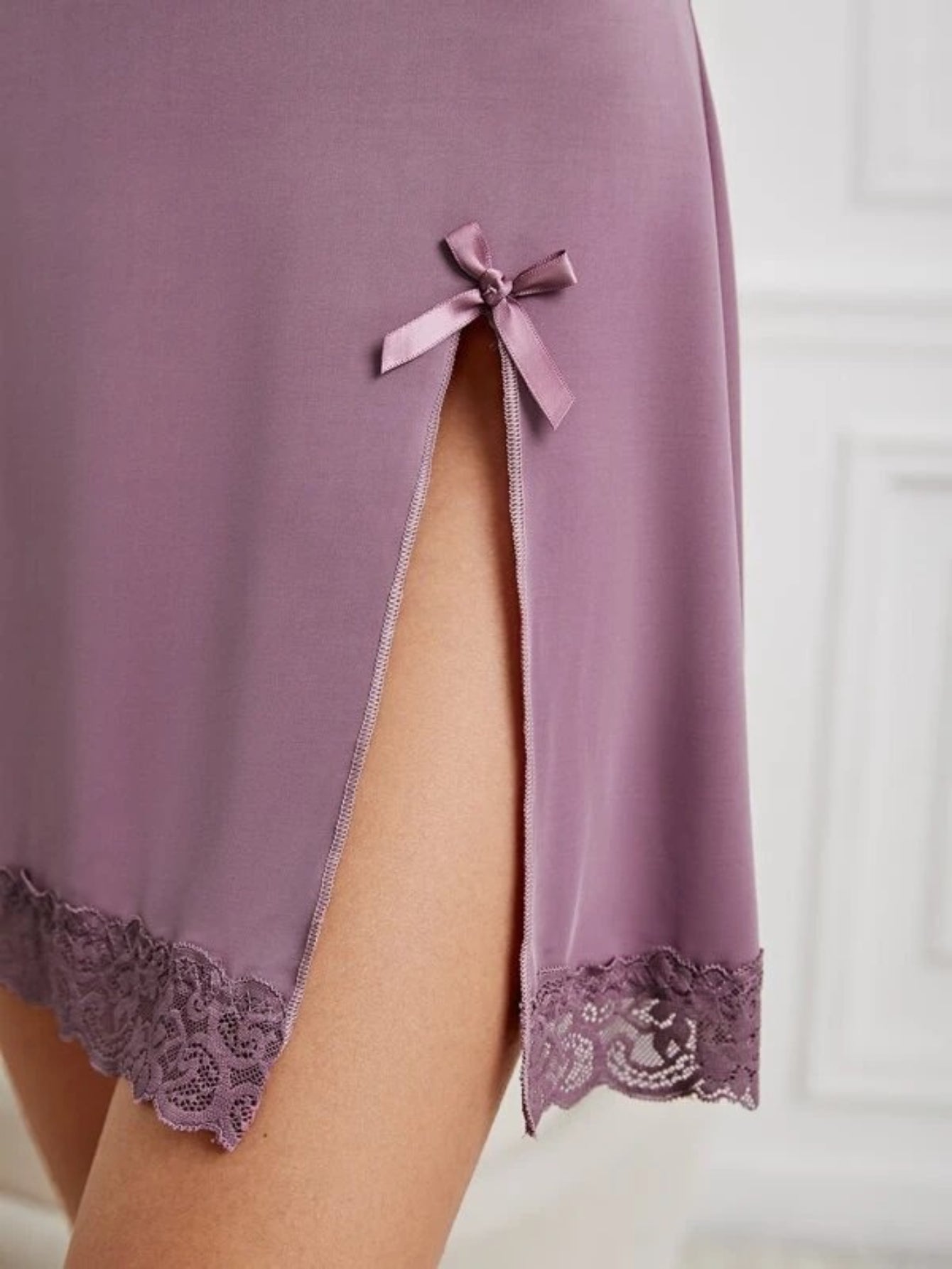 Lace Trim Bow Front Split Hem Cami Nightdress