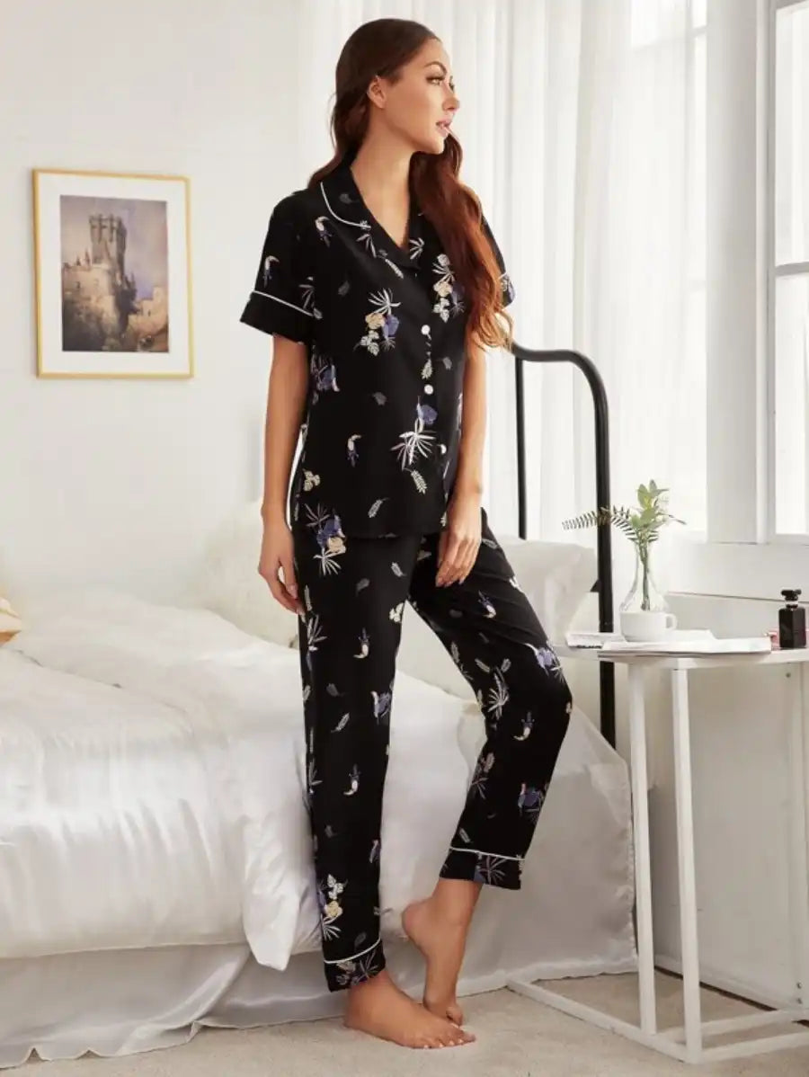 Lapel Collar Plants Print Night Set