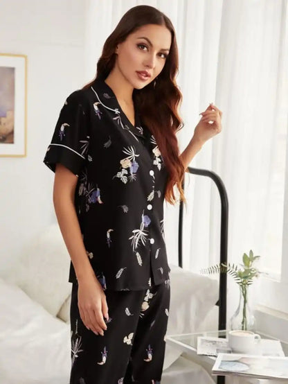 Lapel Collar Plants Print Night Set