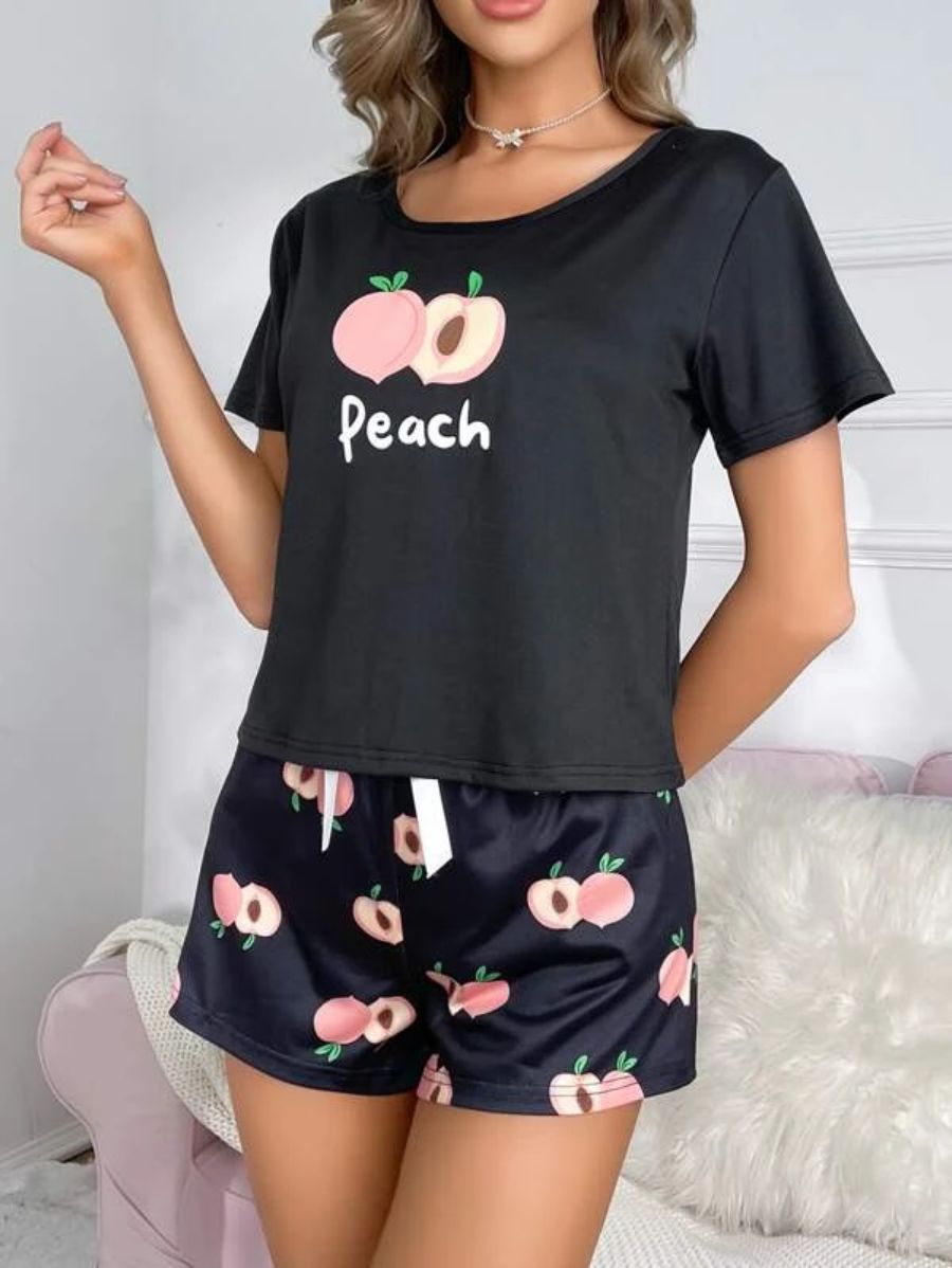 Letter And Fruit Print Bow Front PJ Set