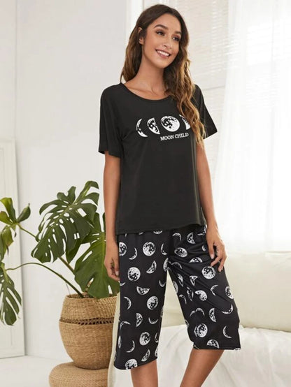 Letter And Moon Print Top And Pants Set