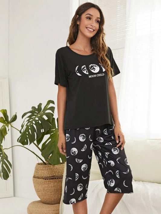 Letter And Moon Print Top And Pants Set