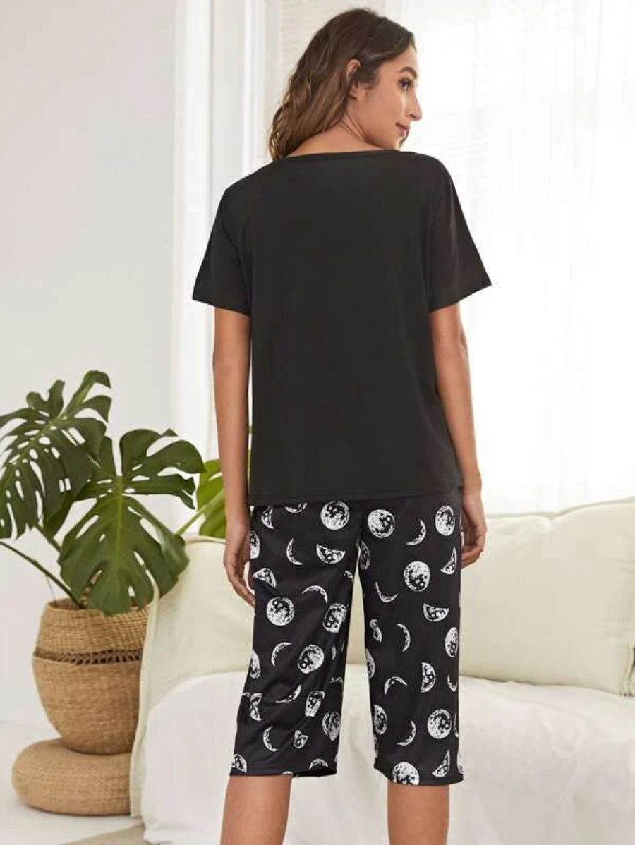 Letter And Moon Print Top And Pants Set