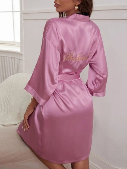 Letter Embroidered Belted Satin Bridesmaid Robe