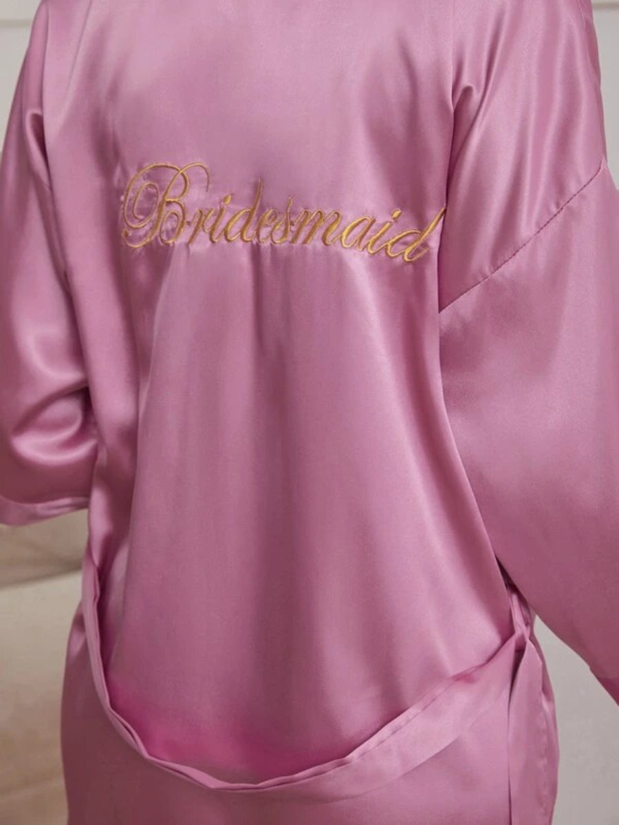 Letter Embroidered Belted Satin Bridesmaid Robe