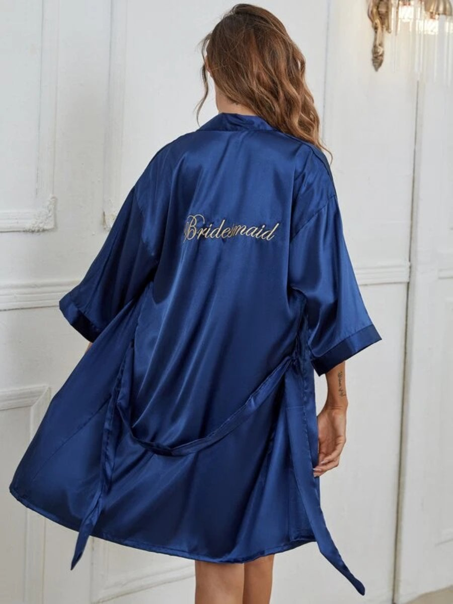 Letter Embroidered Belted Satin Bridesmaid Robe