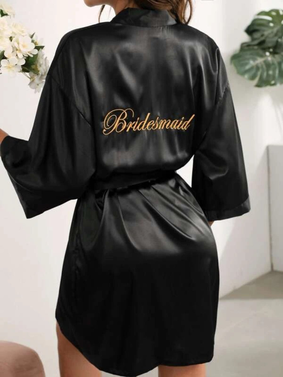 Letter Embroidered Belted Satin Bridesmaid Robe